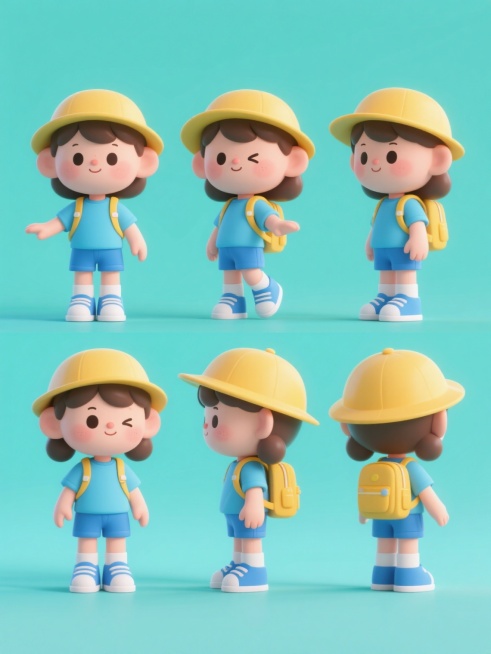 一系列6个不同造型与角度的3D卡通风格小女孩角色集合，保持原有的Q版圆润造型、可爱面部特征、黄色帽子、蓝色上衣、蓝色短裤、黄色背包及蓝色鞋子等核心元素，采用统一的纯色背景，整体色彩变换为清新明快的蓝绿色调，每个角色呈现完全不同的动态姿势与视角，所有角色以规整对称的布局排列，保持一致的柔和光影、细腻材质表现和欢快活泼的氛围，无任何文字、LOGO、二维码及地址信息。预览效果