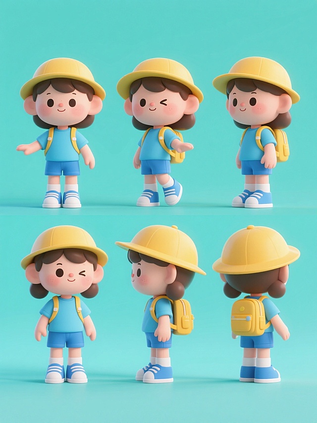 一系列6个不同造型与角度的3D卡通风格小女孩角色集合，保持原有的Q版圆润造型、可爱面部特征、黄色帽子、蓝色上衣、蓝色短裤、黄色背包及蓝色鞋子等核心元素，采用统一的纯色背景，整体色彩变换为清新明快的蓝绿色调，每个角色呈现完全不同的动态姿势与视角，所有角色以规整对称的布局排列，保持一致的柔和光影、细腻材质表现和欢快活泼的氛围，无任何文字、LOGO、二维码及地址信息。