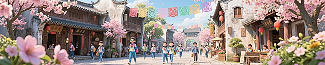 学生去春游，地点是岭南印象园，生成海报5张背景，尺寸比例是300*60cm,要有岭南地方元素，3D风格，超高清画质