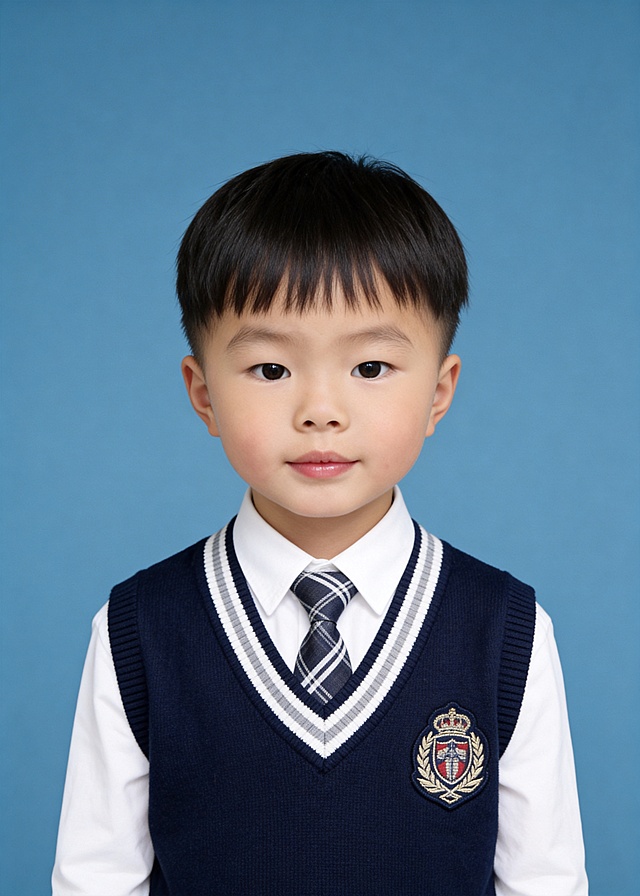 清新感与商务感交织，柔和色调搭配东亚风校服设计，展现舒适优雅的实景质感，细节处尽显可爱童趣证件照。