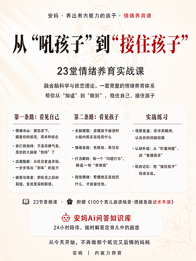 在海报中“融合脑科学与依恋理论，一套完整的情绪养育体系”这句话下方，新增一行相同浅棕色小字，文字内容为：“帮你从“知道”到“做到”， 稳住自己，接住孩子”，整体排版向下调整保持留白，其他内容和背景不变。
