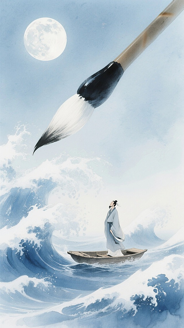 有巨型毛笔挥毫泼墨，一轮明月悬于天际，一位身着传统长袍的文人立于小舟上，翻涌的巨大浪花，蓝色和白色调为主
