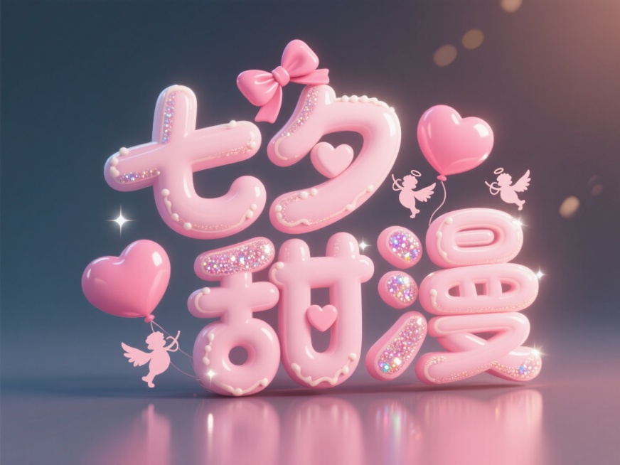 文艺清新文字 "七夕甜漫"：软萌艺术字：圆润可爱的卡通字体，整体呈暖粉色调，字体表面覆盖细腻糖霜质感，字间穿插蝴蝶结、爱心气球与小丘比特剪影，笔画间隙点缀闪片光效，营造甜腻治愈的少女心七夕氛围。预览效果