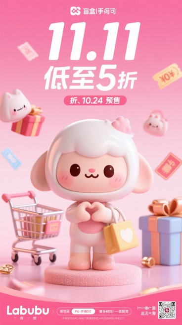 Labubu角色形象，手持购物袋，做出比心手势，浅粉色渐变背景，点缀购物车、礼盒、优惠券等购物元素，画面中央突出显示“11.11 低至 5 折、10.24 预售”文案，整体风格萌系可爱，适合双十一促销预览效果