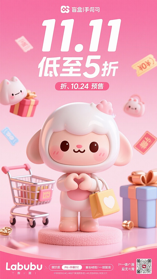 软3D风格萌趣Labubu拟人形象，粉色系温馨场景，融合购物车、礼盒等元素，营造甜蜜可爱氛围，传递双十一促销信息，充满趣味与童趣。