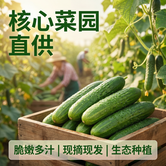 [主图 2] 新鲜小黄瓜核心卖点展示
[主图主题] 核心产地新鲜小黄瓜品质溯源
[氛围/风格] 自然田园风，真实自然，突出新鲜优质
[画面元素] 完整带露黄瓜放在前景，背景融入开阔的黄瓜种植菜园实景，预览效果