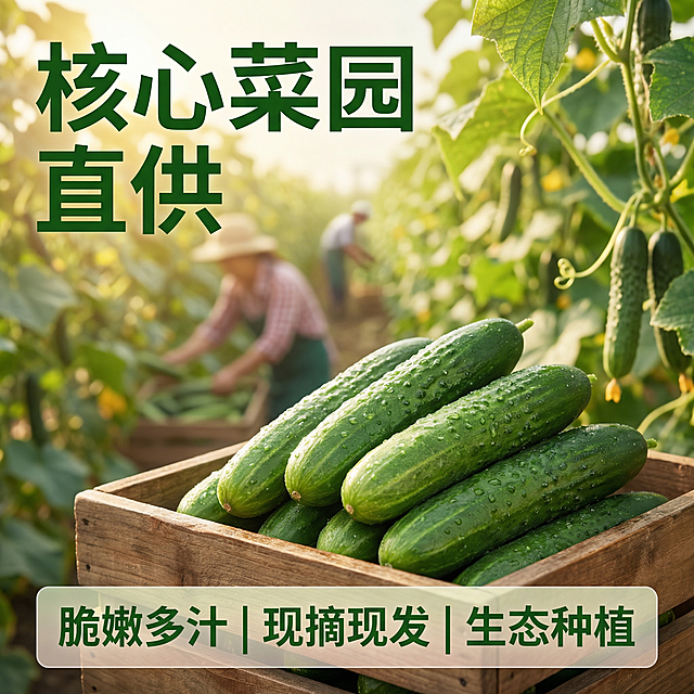 [主图 2] 新鲜小黄瓜核心卖点展示
[主图主题] 核心产地新鲜小黄瓜品质溯源
[氛围/风格] 自然田园风，真实自然，突出新鲜优质
[画面元素] 完整带露黄瓜放在前景，背景融入开阔的黄瓜种植菜园实景，藤蔓黄瓜叶隐约可见，自然日光穿过叶片洒下光斑，整体通透清新
[配色色系] 主色调：自然翠绿；辅助色：土壤棕褐色，暖黄色日光
[视角构图] 前景黄瓜特写平视，背景菜园景深虚化，构图前实后虚
[文字版式] 主文案 "核心菜园直供"，要点 "脆嫩多汁 | 现摘现发 | 生态种植"，主标题左上角大字号深绿粗体，三个要点横向排列在底部半透明悬浮条，白色细体字，不遮挡主体，层级分明
[比例分辨率] 2k分辨率