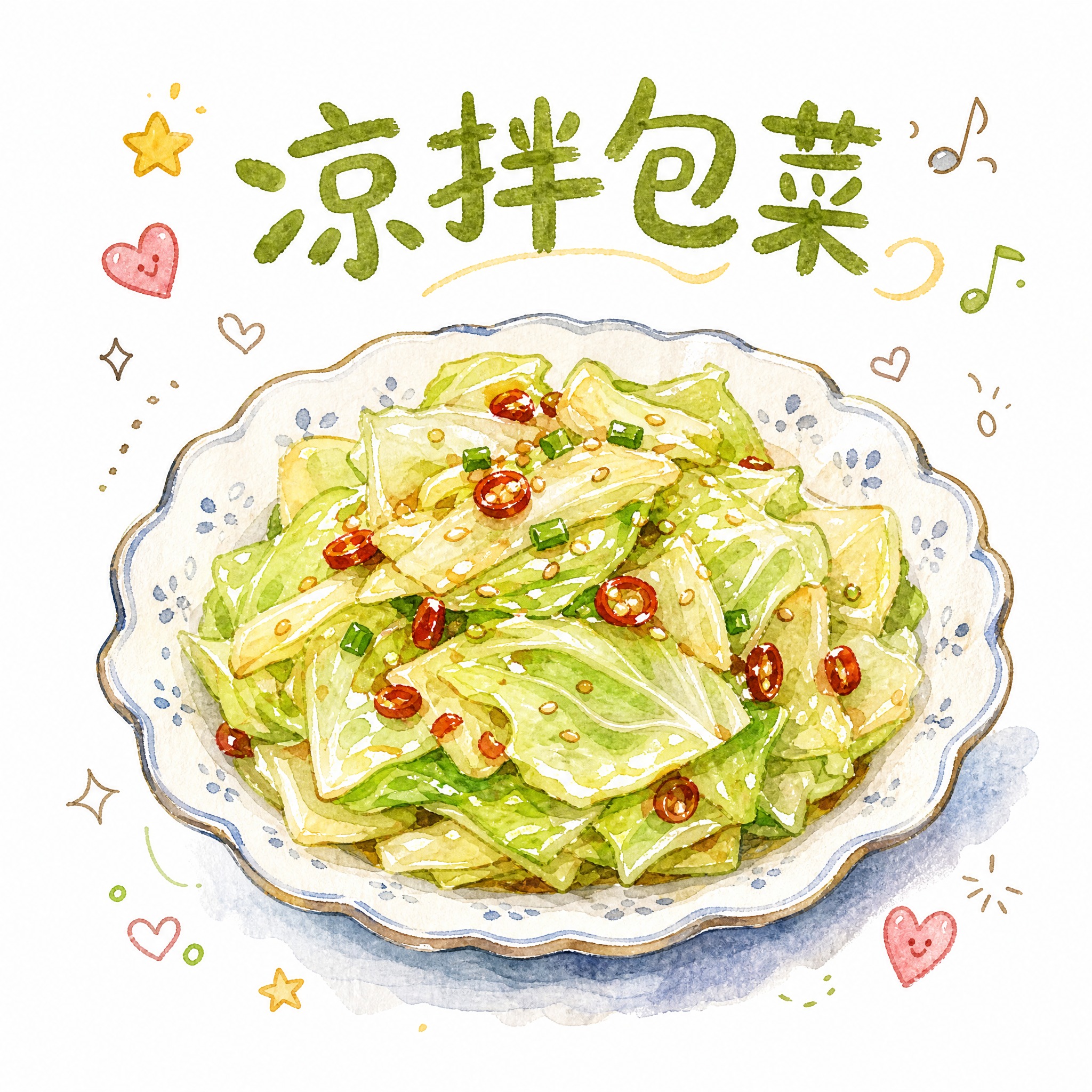 手绘水彩风格的凉拌包菜菜品插画，参考图中的手绘水彩质感和可爱装… - 图片创意预览