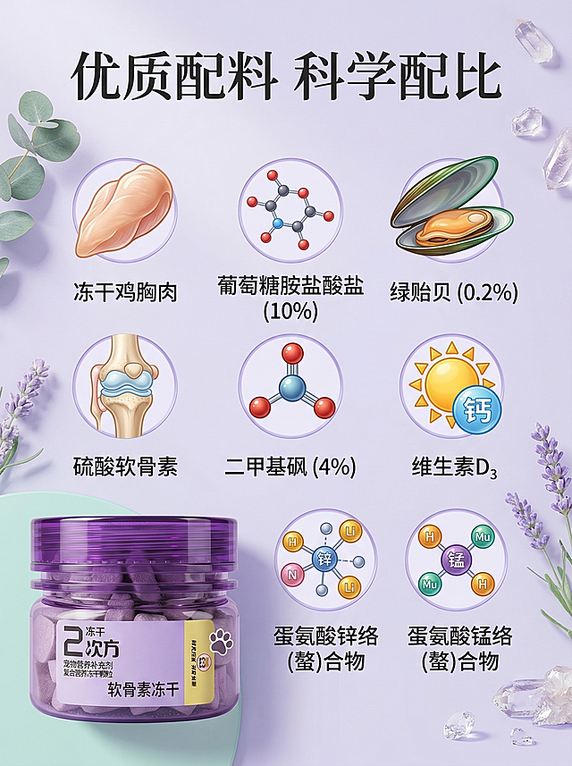 淘宝天猫详情页第二屏，宠物软骨素冻干，紫色清新自然风格，和参考主图风格一致。大标题写着"优质配料 科学配比"，展示完整配料组成：冻干鸡胸肉、葡萄糖胺盐酸盐(10%)、绿贻贝(0.2%)、硫酸软骨素、二甲基砜(4%)、维生素D₃、蛋氨酸锌络(螯)合物、蛋氨酸锰络(螯)合物等。左下角放置产品实物图，保留商品本身文字和图案不修改，背景搭配柔和紫绿色调，整体干净清晰，适合电商平台，比例为3:4。