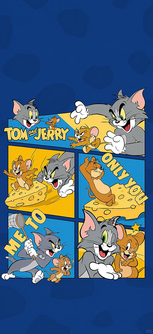 参考图片的猫和老鼠分镜漫画风格，重新生成猫和老鼠的分镜漫画海报，保留蓝黄配色和卡通手绘风格，文字排版不变，内容重新绘制