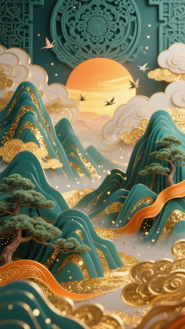 中式典雅风格3D立体插画，以落日熔金与青碧山水为主体配色，层叠起伏的青绿山水覆盖金箔纹理，山间点缀苍劲青松，飘逸的橙金色祥云纹绸带缠绕峰峦，金粉般的光点随风散落，天际一轮落日余晖映照，数只飞鸟掠过云端，背景饰以传统宝相花纹，整体画面光影柔和温润，营造出华贵而宁静的东方意境，具有精致的浮雕质感与细腻的色彩过渡。预览效果