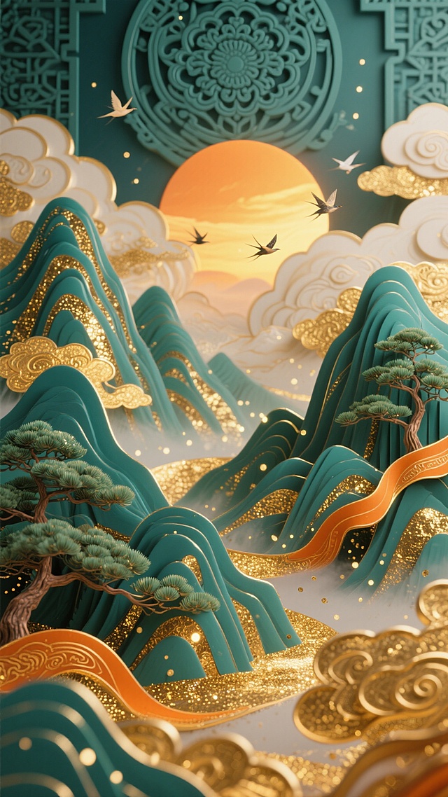 中式典雅风格3D立体插画，以落日熔金与青碧山水为主体配色，层叠起伏的青绿山水覆盖金箔纹理，山间点缀苍劲青松，飘逸的橙金色祥云纹绸带缠绕峰峦，金粉般的光点随风散落，天际一轮落日余晖映照，数只飞鸟掠过云端，背景饰以传统宝相花纹，整体画面光影柔和温润，营造出华贵而宁静的东方意境，具有精致的浮雕质感与细腻的色彩过渡。