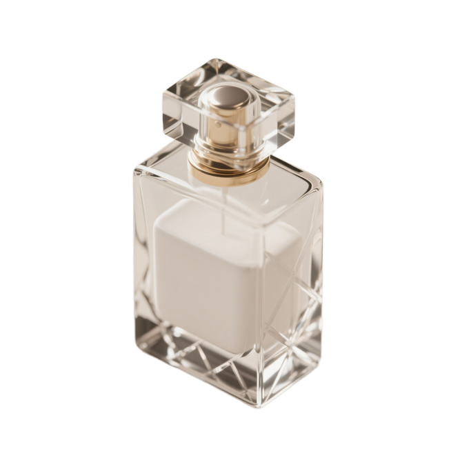 一瓶高级的香水，玻璃瓶子内装有白色液体，预览效果