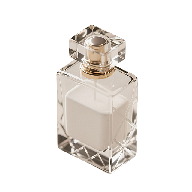 一瓶高级的香水，玻璃瓶子内装有白色液体，