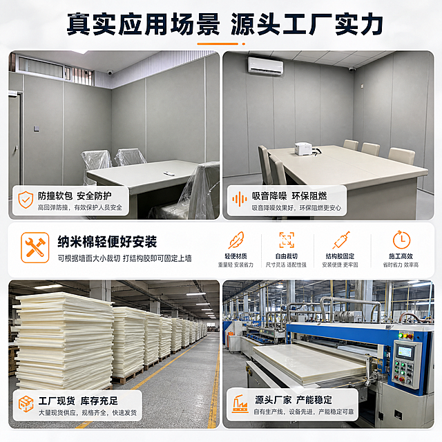 [主图-5] 产品应用场景展示+工厂实力展示图，任务是展示纳米棉的实际应用效果和工厂生产实力，增强B端买家合作信心。
[统一基调] 1688 B端源头工厂风格，整体专业稳重工业质感，背景采用浅灰渐变+工厂环境虚化，主色为米白、深灰蓝、橙色强调色，标题用粗黑体深灰蓝色，辅助文字用深灰色，强调数据用橙色高亮，卡片用浅灰圆角细边框，图标简洁线性风格。
[画面] 顶部大标题「真实应用场景 源头工厂实力」。画面采用上下分栏布局，上半部分约占60%为应用场景展示：左侧是谈话室/审讯室墙面软包装饰完成效果图，墙面整体包覆浅灰色纳米棉软包，平整美观，标注「防撞软包 安全防护」；右侧是会议室/多功能厅墙面应用效果图，墙面安装整齐的纳米棉墙板，标注「吸音降噪 环保阻燃」。下半部分约占40%为工厂实力展示：左侧是工厂车间内纳米棉板材堆叠货量实拍图，标注「工厂现货 库存充足」；右侧是工厂生产设备/生产线一角缩略图，标注「源头厂家 产能稳定」。中间穿插安装优势说明：「纳米棉轻便好安装 可根据墙面大小裁切 打结构胶即可固定上墙」。
[光影质感] 场景图为真实空间摄影质感，光线自然，墙面软包材质表现真实，接缝整齐。工厂实拍图保持工业现场真实感，光线明亮，货堆整齐有体量感。整体光影统一协调。
[配色] 场景图保持真实空间色调，工厂图保持真实工业色调，标题和标注文字用深灰蓝色，重点强调用橙色，图片边框浅灰色。
[文字版式] 顶部大标题粗黑体居中。每张场景图和工厂图下方或角落有对应说明标签，白色半透明底深灰字。安装优势说明放在中部，文字清晰易读。整体排版饱满，信息丰富但不杂乱。
[输出要求] 1:1正方形，2K分辨率，场景真实自然，工厂图有体量感，文字清晰无错字，画面专业有说服力，无水印无平台Logo。