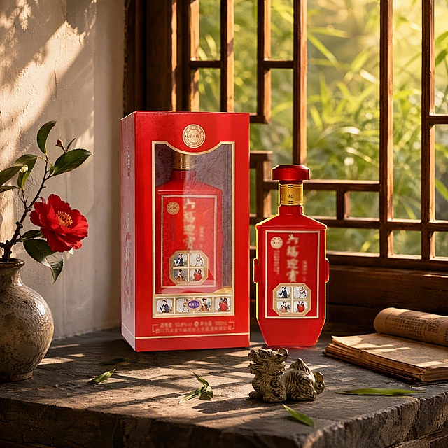 超写实白酒产品摄影。
主体：白酒瓶与包装盒严格参照上传产品图，完整保留所有可见组件、部件、轮廓、结构、比例、材质、颜色与产品本体上的图案信息；瓶身与盒身文字做适度模糊化处理，不可清晰辨认具体文字内容，与上传图完全一致；自然融入场景光影，与场景共处同一物理空间。产品占画面45%，完整不裁切，中景构图，背景无其他同类白酒产品。
构图：微侧20°平视，黄金分割构图。
风格：新中式禅意。
场景：中式庭院窗边，黄昏金色光线。
空间：①背景，中式木格窗棂，窗外是虚化的竹林景色；②窗台，深灰色青石板窗台；③左侧，白色粉墙局部。
陈设：①产品放置于青石板窗台中央；②窗台左侧，一只粗陶小花瓶，插着一枝红色山茶花；③窗台右侧，一本线装古书，书页微微卷起；④产品前方，一只石质小茶宠（貔貅造型）；⑤窗台上，散落几片翠绿的竹叶；⑥窗外光线透过窗棂，在台面上形成几何光影图案。
配色 / 材质：中国红 / 青灰 / 山茶红 / 竹绿 / 米白；青石板 / 粗陶 / 实木窗棂 / 宣纸 / 玻璃。
光影：主光从窗外斜入的黄昏金色逆光，在瓶身边缘形成金色轮廓光；正面辅光柔和补亮瓶身正面细节，窗棂投影清晰落在台面上，整体温暖静谧禅意氛围。
参数：4K 写实光追，商业产品摄影质感。严格锁定宽高比为1:1。画面中不得出现任何地址、日期信息。