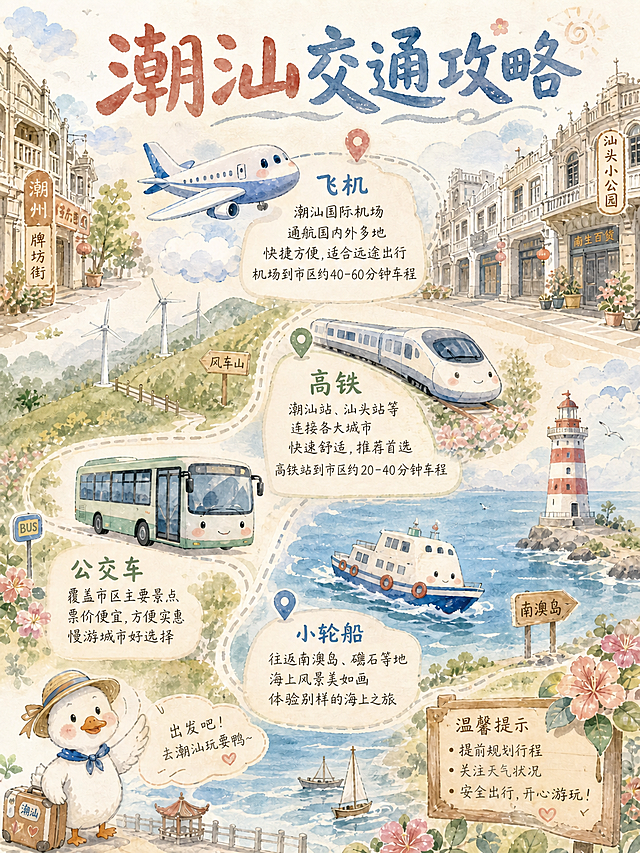 在飞机模块的文字区域增加一行文字："机场到市区约40-60分钟车程"；在高铁模块的文字区域增加一行文字："高铁站到市区约20-40分钟车程"；保持原图水彩手绘风格、所有原有元素和排版不变，文字风格与原图一致，整体画面和谐统一