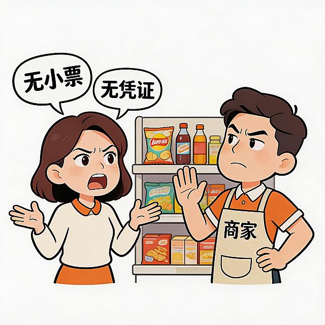POP手绘风格二维插图，纯白色背景，消费者和商家争执的场景，背景带有商品，消费者头顶有“无小票”“无凭证”的标签，表现无证据维权失败的场景