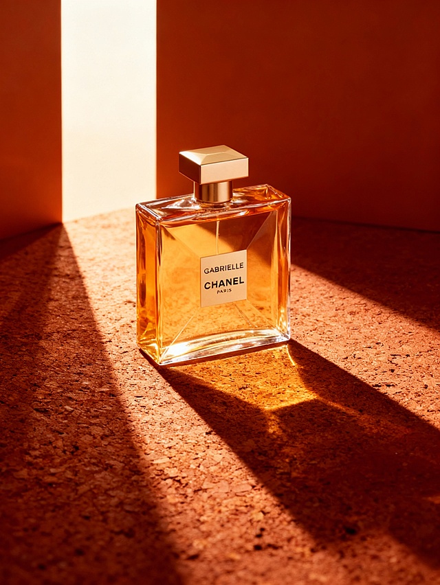 商业产品摄影，置于暖色的背景前，地面赤陶质感，背景和地面有明确的分割线，硬朗的几道定向灯光（光线来自左上，形成散射的高光，软木纹理表面投射出细长的锐利阴影）。高对比度，浓郁琥珀色调，瓶身光泽反射，极简构图。8K，超细节，电影感布光。