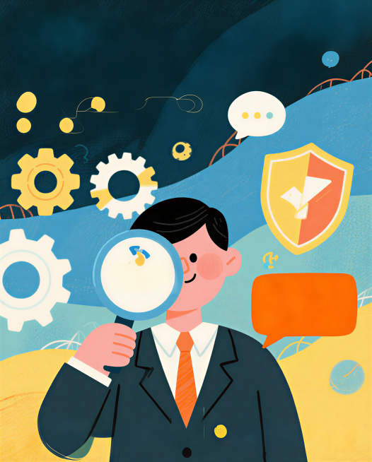 一张管理者培训邀请函海报，插画风格，画面简洁有趣。主视觉是卡通风格的管理者形象，手持放大镜观察‘试用期管理难题’的图标，背景有齿轮、盾牌、对话气泡等元素。上方主标题‘🚀 管理者启航营：搞定试用期，带预览效果