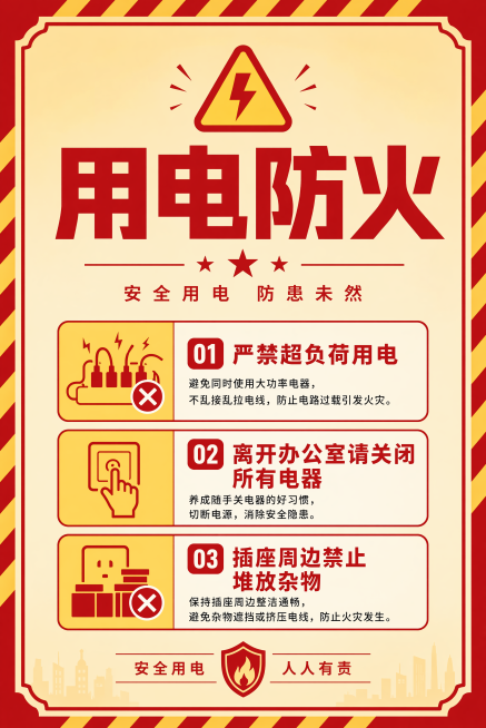 简约警示风格用电安全宣传海报，主标题大字"用电防火"，下方依次列出安全须知："严禁超负荷用电"、"离开办公室请关闭所有电器"、"插座周边禁止堆放杂物"，整体采用红黄警示配色，背景简洁干净，文字清晰醒目预览效果
