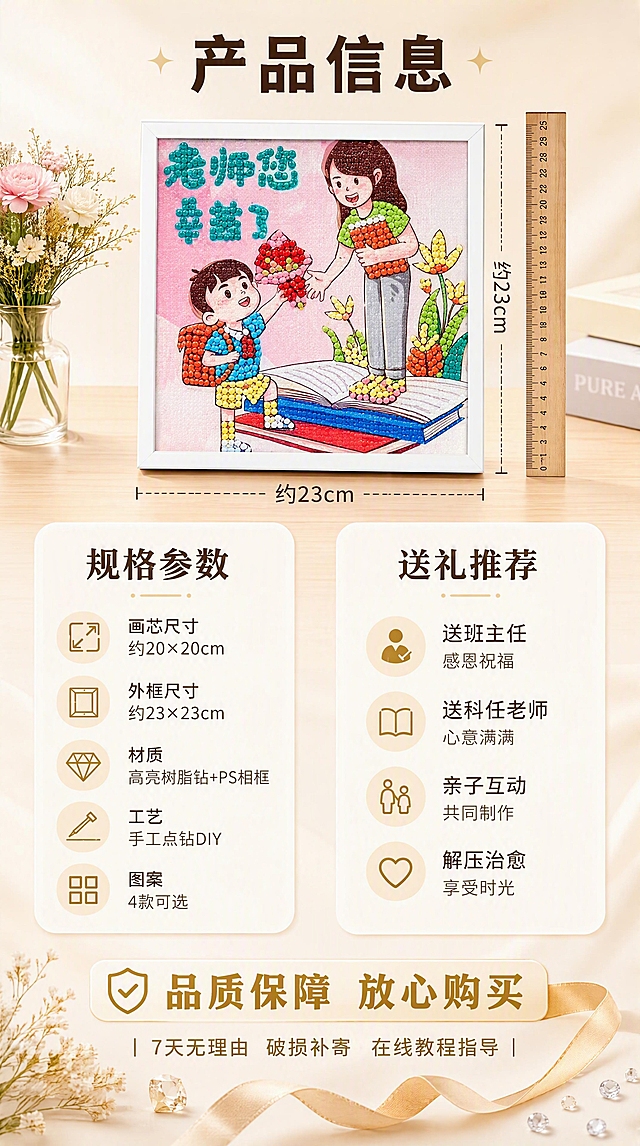 [第8张] 详情页规格服务-教师节钻石画参数与售后保障。本张使用【图1】作为产品参考。
[氛围/风格] 温馨可靠感，暖调柔光，清晰信息卡片，突出品质保障与送礼指南，商业摄影质感。
[元素布局] 画面上半部分展示学生献花款钻石画成品（白色相框），放在浅原木色桌面上，旁边有一把尺子标注尺寸，直观展示大小。下半部分是信息卡片区域，左侧为规格参数卡，右侧为送礼指南卡。背景是暖米白渐变底色，底部有柔和的装饰元素（干花、丝带、小钻石）。**成品相框的钻石画图案、颜色、质感、白色相框与输入产品图一致，杜绝任何变形和色差**。产品主体占比约40%。
[光影质感] 暖调柔光从上方照射，钻石有闪光点，相框有自然高光，整体明亮柔和，信息卡片清晰易读。
[配色色系] 全局底色 #FFF8F0 暖米白渐变；主色暖木色+白色；辅助色米白、浅金；强调色暖金色。
[视角构图] 上产品下信息的上下构图，上半部分略微俯视展示产品，下半部分左右双卡片布局，阅读动线从上到下。
[文字版式] 顶部居中大标题「产品信息」深棕色粗黑体。规格参数卡（左）：圆角米白卡片，深棕标题「规格参数」，内容分行：「画芯尺寸 约20×20cm」「外框尺寸 约23×23cm」「材质 高亮树脂钻+PS相框」「工艺 手工点钻DIY」「图案 4款可选」。送礼指南卡（右）：圆角米白卡片，深棕标题「送礼推荐」，内容分行：「送班主任 感恩祝福」「送科任老师 心意满满」「亲子互动 共同制作」「解压治愈 享受时光」。底部金色服务条：「品质保障 放心购买」，下方小字：「7天无理由 破损补寄 在线教程指导」。文字清晰可读，不遮挡产品。
[比例分辨率] 9:16 竖版比例，4K 分辨率，文字清晰可辨，高清画质。
[负向提示词] 变形，水印，文字错乱，文字过小，颜色偏差，产品图模糊，背景杂乱，参数错误。