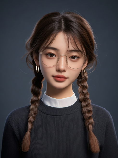 3D角色，一名24多岁的大学生，五官精致，细框圆眼镜，纯色背景预览效果