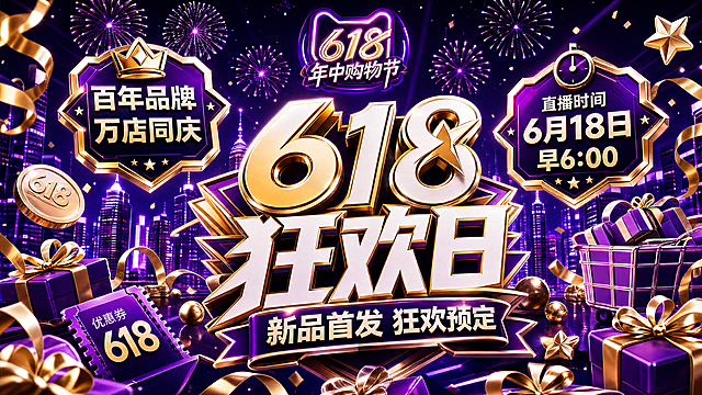 参考图1的设计，在图2的基础上添加：左上角标注文字'百年品牌 万店同庆'，右上角标注'直播时间 6月18日 早6:00'，底部文字'新品首发 狂欢预定'，左上角优惠券标注'618'，保持整体紫金色电商促销风格，保留主体的'618狂欢日'立体大字和礼物礼盒、城市烟花背景，让信息排版和图1保持一致