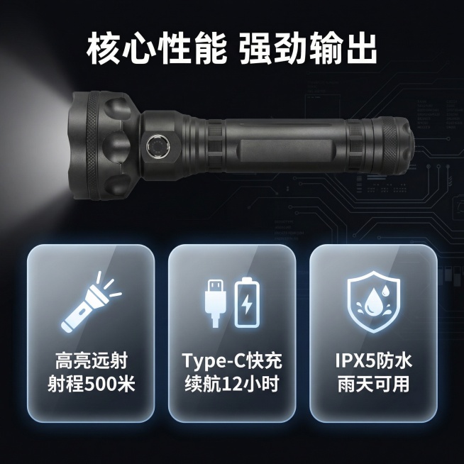 [主图 2] 强光手电筒核心卖点展示，保持原产品外观不变
[氛围/风格] 科技拆解风，高清清晰，理性精准
[画面元素] 原黑色手电筒位于画面上半部分，下半部分用三个圆角功能卡片分别展示核心参数，卡片悬预览效果