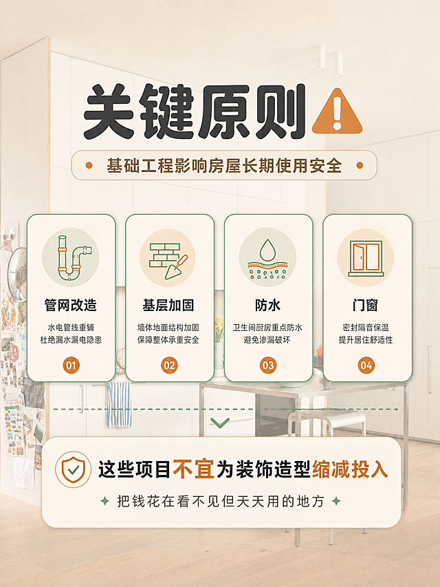 [商品] 使用【图6】纯白厨房场景图；保留白色整体橱柜、不锈钢台面 backsplash、木色地板、不锈钢岛台、黄色水仙花、绿色茶壶、水果碗、左侧贴满贴纸的冰箱侧板、蓝白条纹毛巾等全部元素与结构、颜色、材质；场景作为全幅背景使用。
[画面] 页面目标：强调基础工程的重要性，传达关键原则；构图：顶部大标题+中部4个优先级项目图标卡片横排+底部原则说明文字；厨房场景作为全幅背景加浅白蒙层（约25%透明度）虚化，信息层叠加在上方；4个图标卡片等距排列于画面中部，用强调色边框突出重要性；阅读动线自上而下。
[视觉] 套系策略：风格=中古风家居质感，温暖通透有格调；标题字=粗黑体圆润大字；正文字=简洁无衬线体；主色=奶白+暖棕+浅米杏；背景延展=基于奶白/暖棕做深浅层级、同色渐变和细腻哑光纸张质感；强调色=薄荷绿+焦糖橙，仅用于小面积图标、引线、标签和重点高亮；标题色=深炭灰；正文色=中暖灰；组件=圆角浅底信息卡、细线图标、柔和投影卡片；光影=自然暖光，左前侧主光源，整体明亮温馨。
[文字] 顶部大标题：关键原则 ⚠️；副标题：基础工程影响房屋长期使用安全；4个卡片（图标+文字）：管网改造、基层加固、防水、门窗；底部说明：这些项目不宜为装饰造型缩减投入；金句小字：把钱花在看不见但天天用的地方；所有文字横排。
[规格] 图片比例3:4竖版，4K分辨率，负向提示：避免文字模糊、错字、文字过小、冷蓝/冷灰背景、场景结构变形、颜色失真、竖排文字、二维码、水印、平台Logo。