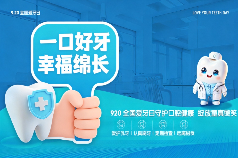 参考第一张图主视觉风格：蓝色主色调，牙齿护士IP元素，设计异形手举牌，文案为“一口好牙 幸福绵长”，保持风格和主视觉统一，版式整齐预览效果