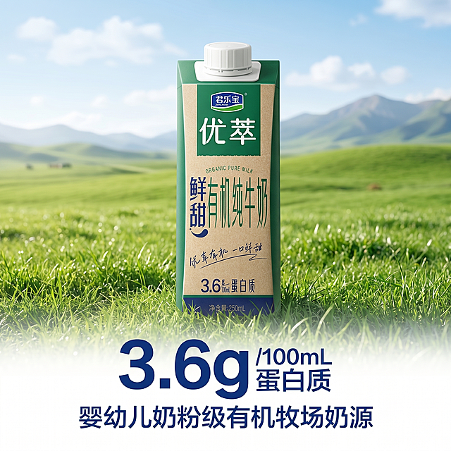 [主图 2] 有机牧场奶源核心亮点展示。
[氛围风格] 清新自然原生态，干净高级质感；
[画质] 商业摄影质感、光线柔和通透、产品清晰真实、画面干净高级。
[元素] 优萃有机纯牛奶产品放置在画面前景居中，背景是开阔广袤的绿色有机牧场，蓝天白云，青草地自然延伸，远山朦胧柔和。将3.6g/100mL蛋白质用大号深蓝色字体突出展示在产品下方。保持牛奶产品外观（物理结构、材质质感、颜色）与输入产品图绝对一致，杜绝任何变形和色差，精细化处理。商品主体占比严格控制在60%-80%之间，画面满屏无边框。
[光影] 自然户外日光，柔和明亮，牧场草地层次分明，产品光影自然，与背景环境融合和谐。
[配色] 主色调为自然绿色，产品本色作为对比，整体清新自然。
[视角构图] 平视带一点仰视视角，产品前景清晰，牧场背景虚化景深，突出产品主体。
[文字版式] 产品下方居中，大号加粗深蓝色数字"3.6g" 字号最大，下方小字"/100mL 蛋白质"，再下方副标题 "婴幼儿奶粉级有机牧场奶源"，大小对比清晰，文字不遮挡产品主体，文字占比小于30%。
[比例分辨率] 1:1比例，2k分辨率；文字清晰锐利，画面超高清。
[负向提示词] 变形，水印，文字错乱，产品图模糊，背景杂乱，颜色失真，遮挡主体，牛皮癣，绝对化违禁词，价格信息。