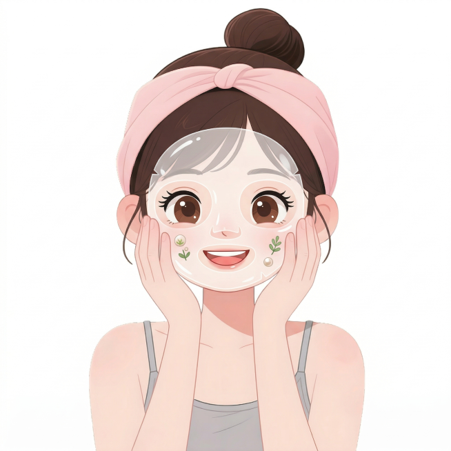 修改图中女孩的表情，变成高兴开心的表情，女孩正在敷面膜，保留原图的卡通插画风格、丸子头发型、粉色发带、灰色吊带服饰，整体干净可爱预览效果