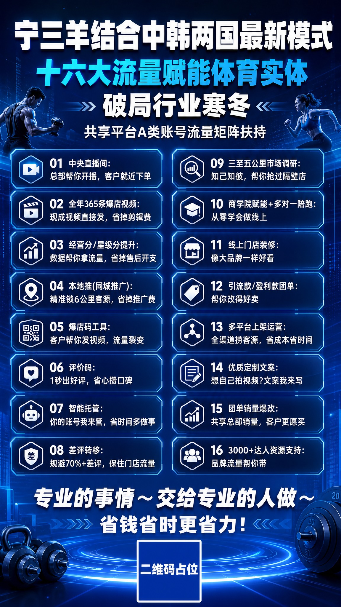 运动健身科技蓝风格服务海报，竖版9:16比例。深邃科技蓝色渐变… - 图片创意预览