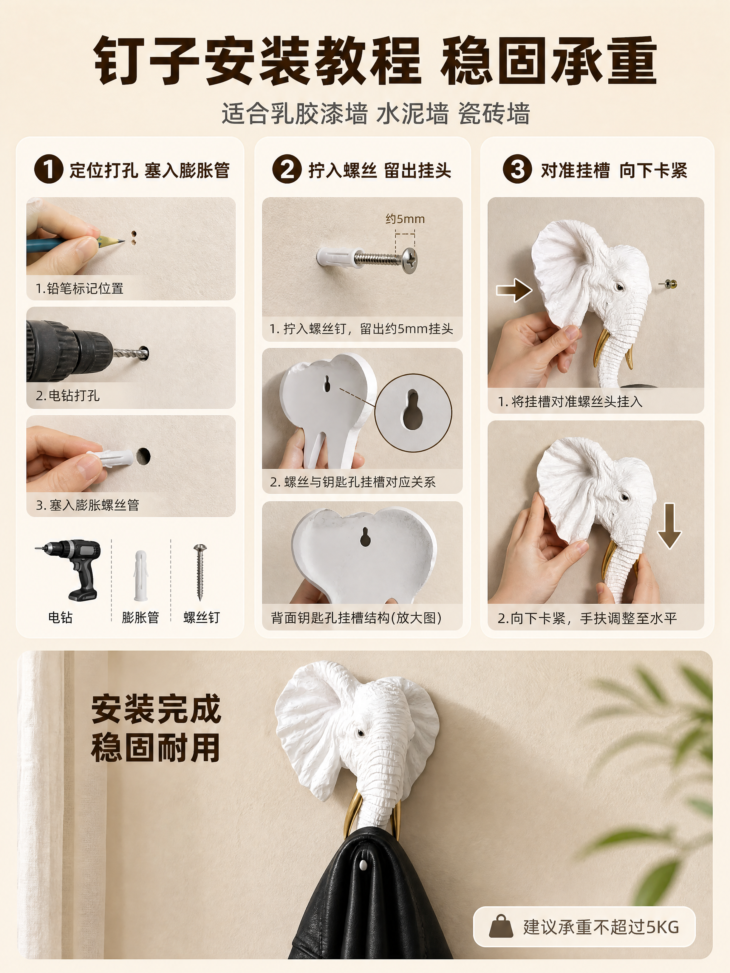 [商品] 使用【图2】白色款大象挂钩背面图（带钥匙孔挂槽）、【… - 图片创意预览