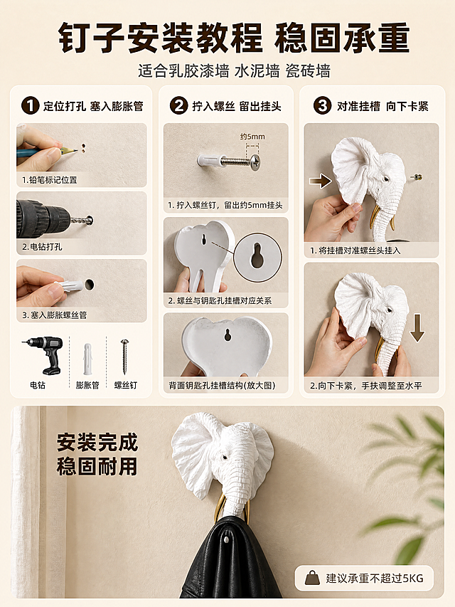 [商品] 使用【图2】白色款大象挂钩背面图（带钥匙孔挂槽）、【图1】正面细节图、【图3】安装完成效果图；保留白色大象外观、金色象牙、背面钥匙孔挂槽结构、树脂材质。
[画面] 页面目标：钉子安装步骤详情页，清晰展示打孔钉子安装的完整流程。上下结构，顶部主标题区，中间三步安装流程横向排列，底部安装完成效果展示。三步流程：①定位打孔：墙面用铅笔标记位置，电钻打孔，塞入膨胀螺丝管，旁边有工具示意图（电钻、膨胀管、螺丝钉）；②拧入螺丝：将螺丝钉拧入膨胀管，留出约5mm挂头，特写展示螺丝与背面钥匙孔的对应关系，配放大图展示背面钥匙孔结构；③挂上完成：将大象挂钩背面钥匙孔对准螺丝头挂入，向下卡紧，手扶住挂钩调整至水平。底部是安装完成效果图：白色大象挂钩挂在暖米色墙面上，象鼻挂着一件黑色皮衣，展示最终效果。
[视觉] 套系策略：风格=温馨居家氛围感商业摄影；标题字=粗黑体无衬线；正文字=常规黑体无衬线；主色=暖米杏色；背景延展=基于暖米杏做深浅层级、同色渐变和墙面肌理质感；强调色=深棕褐色，仅用于小面积图标、引线和步骤编号；标题色=深棕褐色；正文色=中暖灰色；组件=圆角浅底信息卡、圆形步骤编号、细线引线；光影=柔和自然光，步骤图清晰明亮，完成图有自然墙面光影。
[文字] 顶部大主标题「钉子安装教程 稳固承重」，副标题「适合乳胶漆墙 水泥墙 瓷砖墙」。三步各有编号圆标和文字：「① 定位打孔 塞入膨胀管」「② 拧入螺丝 留出挂头」「③ 对准挂槽 向下卡紧」。底部完成图上方小字「安装完成 稳固耐用」。右下角小提示「建议承重不超过5KG」。所有文字横排，清晰可读。
[规格] 图片比例3:4竖版，4K，避免变形、错字、文字过小、冷蓝/蓝灰背景、产品颜色改变、结构失真、悬浮感、水印、平台Logo、手部畸形。