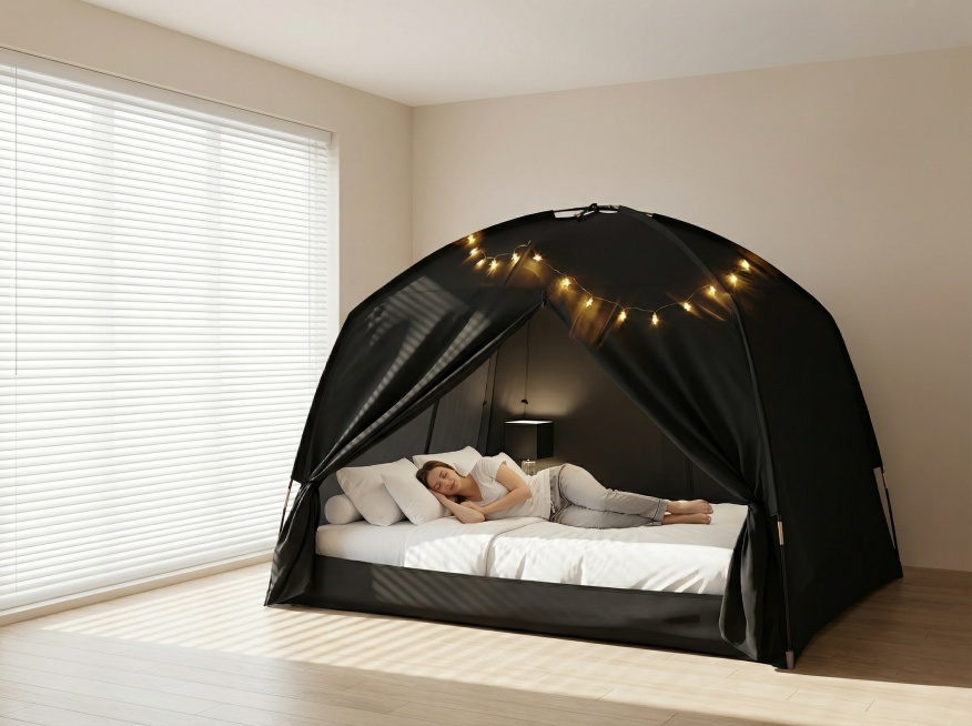 将上传的黑色床帐篷放置在明亮通透的现代简约风主卧房间中央，主卧浅米色墙面搭配大面积白色百叶窗，阳光透过窗叶洒入，光线柔和立体，浅木色地板质感温馨。帐篷内的双人床上躺着一位25岁左右的美国白人成年女性，预览效果