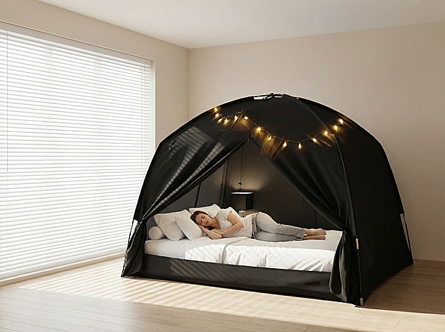 将上传的黑色床帐篷放置在明亮通透的现代简约风主卧房间中央，主卧浅米色墙面搭配大面积白色百叶窗，阳光透过窗叶洒入，光线柔和立体，浅木色地板质感温馨。帐篷内的双人床上躺着一位25岁左右的美国白人成年女性，神情安静闲适，穿着休闲衣服正在休息，她身下铺着洁白床单，靠着几个纯白色枕头，被褥干净整齐，她身侧床面上放着一个黑色方形小台灯，还原真实睡眠环境的日常细节。保留上传图片中的黑色床帐篷外观和灯带设计。