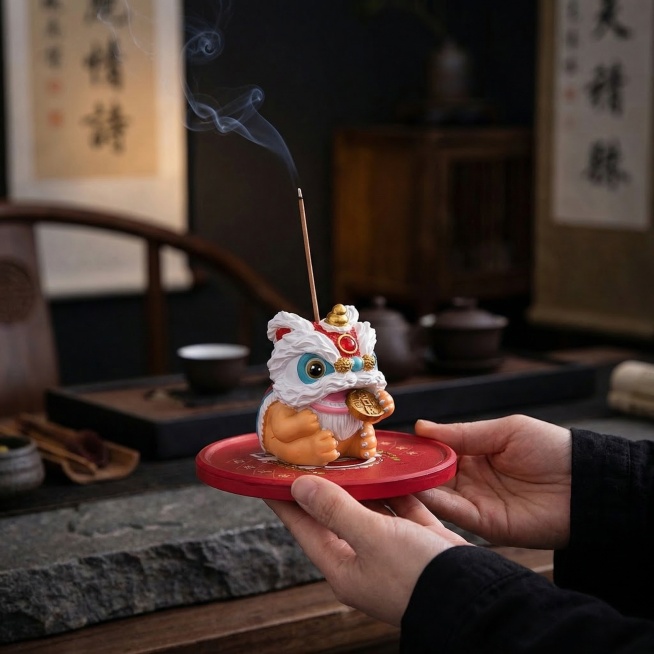 保留主体双手、醒狮香插、香插底座、烟所有细节和结构不变，移除顶部文字，更换为新中式禅意茶室深色背景，保持产品纹理、颜色和手的姿态不变，自然柔和侧光，氛围静谧，商业摄影，方形构图，画面细腻写实预览效果