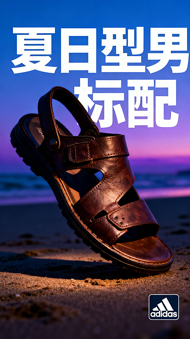 电商详情页首屏主图，男生凉鞋，硬朗皮革材质，深棕色调，戏剧性侧光突出鞋身轮廓，背景是渐变蓝紫色黄昏海滩，上方白色粗黑体大字标题“夏日型男标配”，右下角放置品牌logo，整体风格充满力量感与夏日氛围