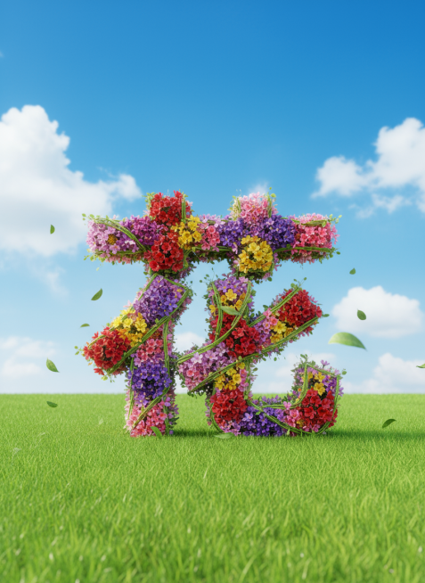 将logo变成由繁花缠绕组成的3D图形，画面色彩鲜艳，展现了一片明亮的宁静草地，配色为绿色。以蓝天白云为背景，绿叶飘落的动态感，辉光效果，明亮，超清预览效果