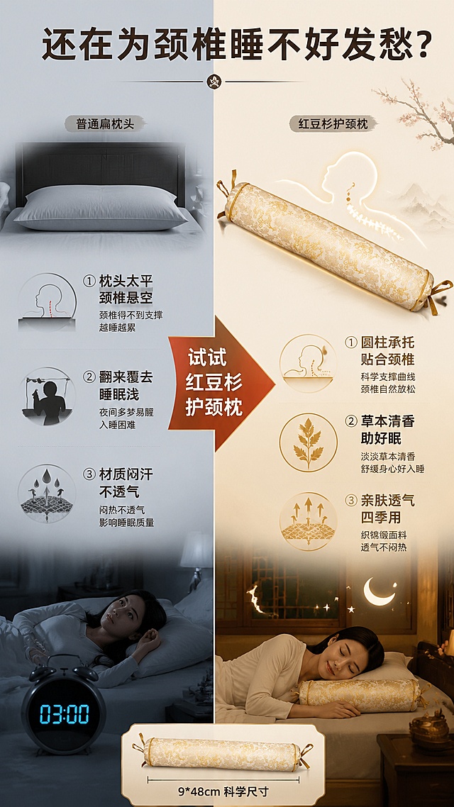 [第2屏] 详情页痛点直击——颈椎不适睡眠困扰对比解决方案。本屏使用【图2】米金款护颈枕作为解决方产品展示。
[氛围/风格] 新中式养生风，左右对比构图，痛点侧偏冷灰，解决侧偏暖金，商业摄影质感。
[元素布局] 画面左右分栏对比。左侧痛点区：灰蓝色调，展示普通扁枕头、颈椎悬空示意图、人物辗转反侧剪影、时钟显示凌晨3点；右侧解决区：暖金调，米金款护颈枕置于中央，占比约40%，旁有颈椎贴合曲线示意图、安睡人物剪影、月亮星星图标；枕头圆柱造型、织锦缎面料、金色丝带与输入图完全一致。
[光影质感] 左侧冷光偏暗，右侧暖光明亮，形成鲜明对比；枕头区域主光突出，质感清晰。
[配色色系] 全局底色左右分色：左 #E8EDF2（冷灰蓝），右 #F5EFE0（暖米杏）；主色深灰蓝+暖金；辅助色朱红标题。
[视角构图] 左右对称对比构图，阅读动线从左痛点 → 右解决，中间箭头引导。
[文字版式] 顶部通栏大标题「还在为颈椎睡不好发愁？」，粗黑体深棕色。左侧痛点区三个痛点条目，每条配图标：①「枕头太平 颈椎悬空」②「翻来覆去 睡眠浅」③「材质闷汗 不透气」，灰色字；右侧解决区三个对应解决点，金色图标+深棕字：①「圆柱承托 贴合颈椎」②「草本清香 助好眠」③「亲肤透气 四季用」。中间大箭头写「试试红豆杉护颈枕」。底部产品小图+「9*48cm 科学尺寸」。
[比例分辨率] 9:16 竖版比例，4K分辨率，文字清晰可辨，高清画质。
[负向提示词] 枕头变形，颜色偏差，面料错误，丝带缺失，水印，文字错乱，产品模糊，人物面部不清，医疗化表述。