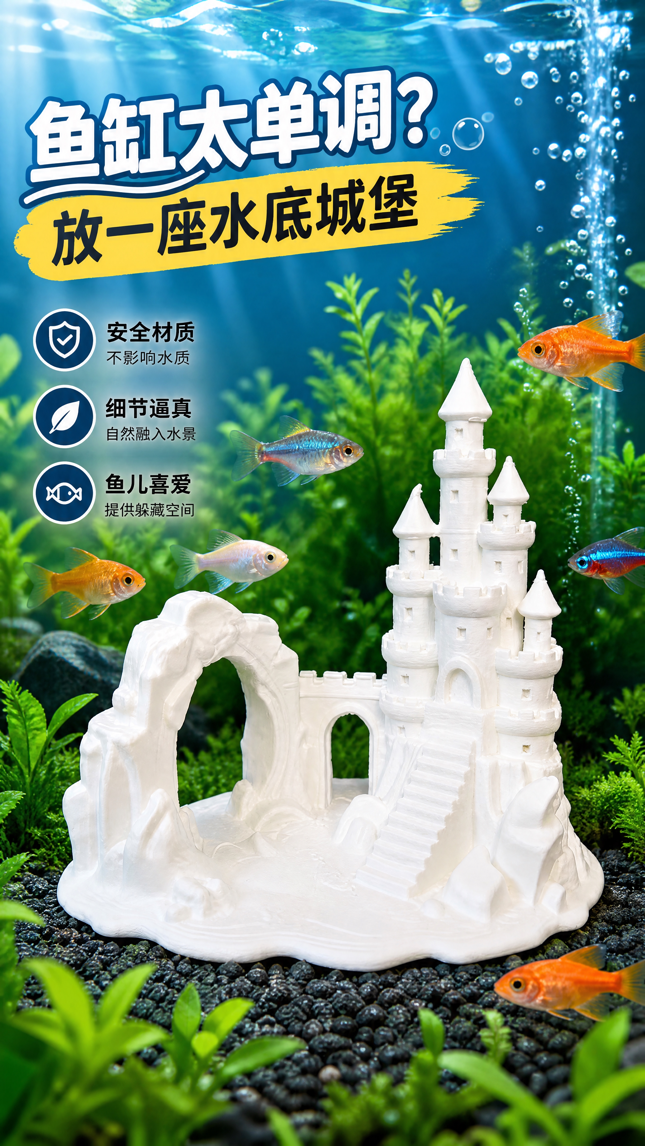 [商品] 使用【图1】白色城堡鱼缸躲避屋为产品本体，参考【图2… - 图片创意预览