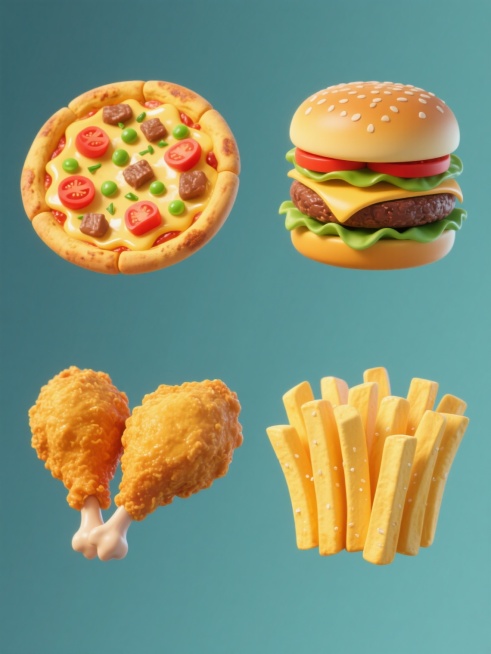 一组软3D风格的美食系列素材集合，纯色背景，画面整体色彩变换，规整排布四个完全不同元素内容，保持同类目。左上角是一个圆形披萨，金黄色的饼底边缘微焦，上面覆盖着融化的芝士、红色的番茄块、绿色的豌豆和棕色的肉块，表面撒有绿色的香草碎；右上角是一个双层汉堡，底部是金黄色的芝麻面包，依次夹着生菜、番茄片、芝士片、牛肉饼和顶层的面包，整体饱满立体；左下角是一份炸鸡，外皮呈金黄色，酥脆质感，鸡腿和鸡翅的形……预览效果