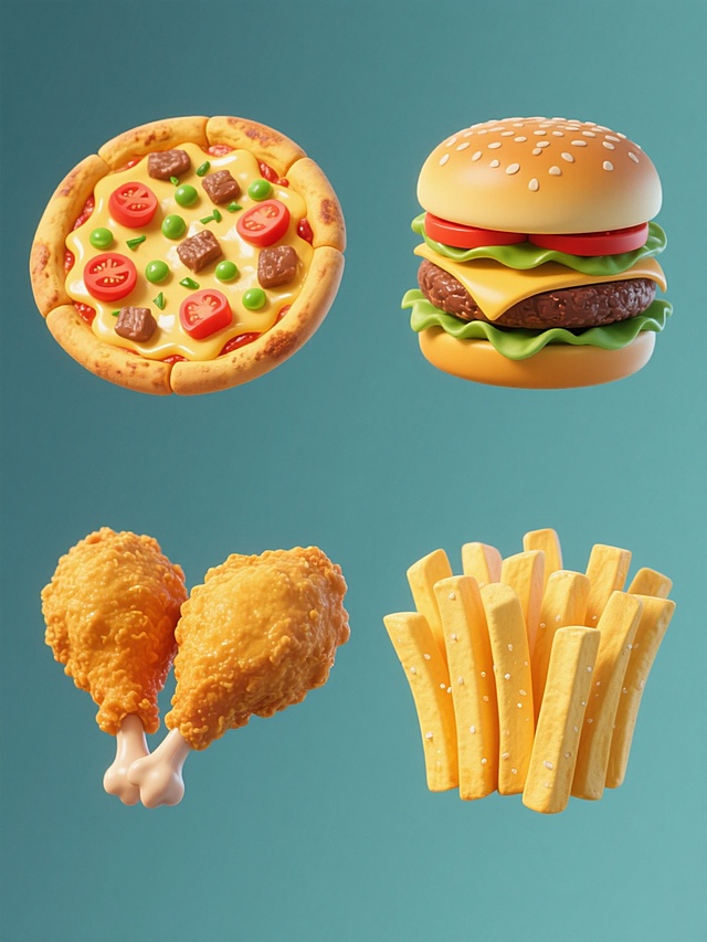 一组软3D风格的美食系列素材集合，纯色背景，画面整体色彩变换，规整排布四个完全不同元素内容，保持同类目。左上角是一个圆形披萨，金黄色的饼底边缘微焦，上面覆盖着融化的芝士、红色的番茄块、绿色的豌豆和棕色的肉块，表面撒有绿色的香草碎；右上角是一个双层汉堡，底部是金黄色的芝麻面包，依次夹着生菜、番茄片、芝士片、牛肉饼和顶层的面包，整体饱满立体；左下角是一份炸鸡，外皮呈金黄色，酥脆质感，鸡腿和鸡翅的形状分明，表面有光泽；右下角是一份薯条，金黄色的薯条整齐排列，粗细均匀，表面有细小的盐粒，呈现出酥脆的质感。每个美食都有柔和的光影效果，高光和阴影过渡自然，营造出软3D的视觉效果，整体设计简洁明快，信息传达清晰，符合快餐美食的宣传风格。