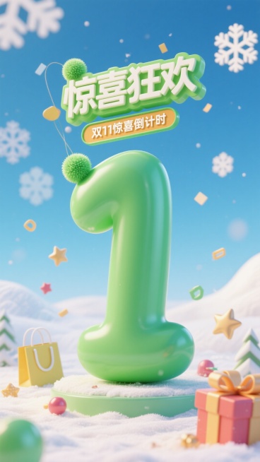 巨型绿色气球质感数字 “1”，顶部设置 “惊喜狂欢” 主题标签（带绒球装饰元素），搭配 “双 11 惊喜倒计时” 文字，背景采用蓝白渐变，融入雪花、礼品袋、星星等装饰元素，整体营造清新的惊喜倒计时氛围预览效果