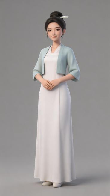 全身照，正视图，灰色背景3D动画风格，纹理细腻，全身站立，严格6:8头身比例，体态匀称，腿部修长，东方人体比例，精准稳定。三十二岁东方女性，鹅蛋脸，眉眼温柔，嘴角浅笑，气质端庄，身穿白色素罗长裙，外罩预览效果
