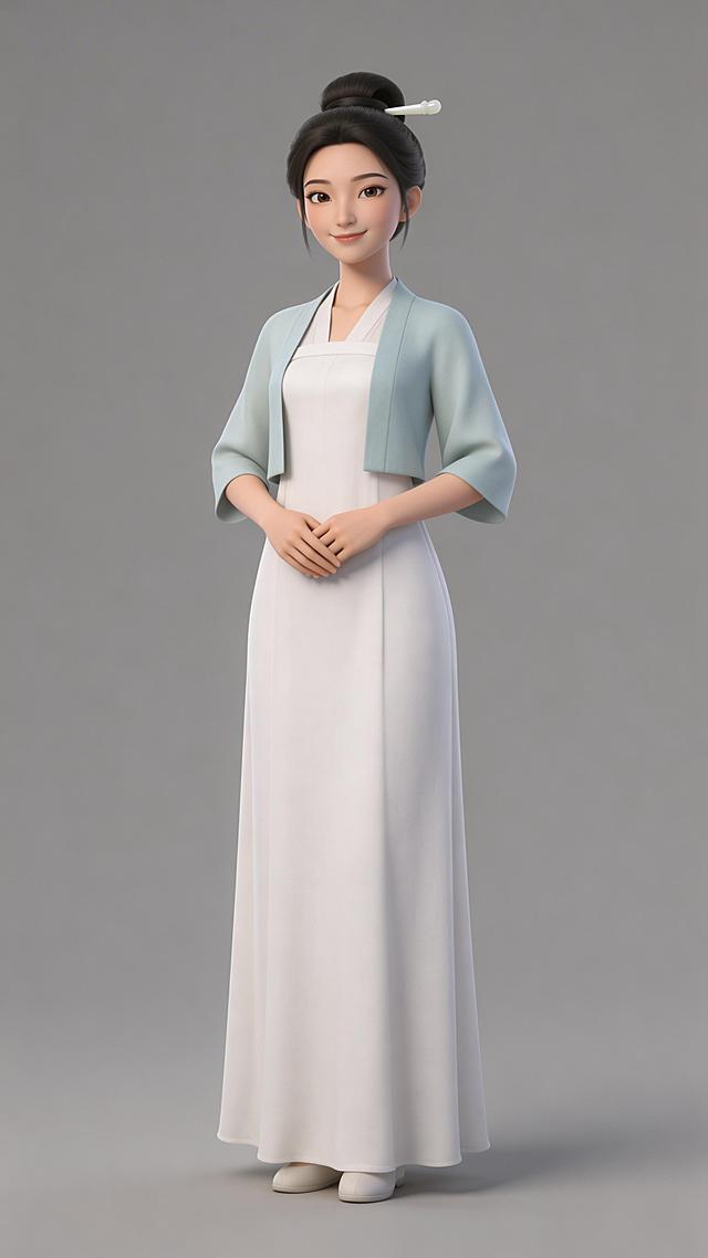 全身照，正视图，灰色背景3D动画风格，纹理细腻，全身站立，严格6:8头身比例，体态匀称，腿部修长，东方人体比例，精准稳定。三十二岁东方女性，鹅蛋脸，眉眼温柔，嘴角浅笑，气质端庄，身穿白色素罗长裙，外罩月白色半臂，发髻插白玉簪，双手交叠身前，站姿文雅