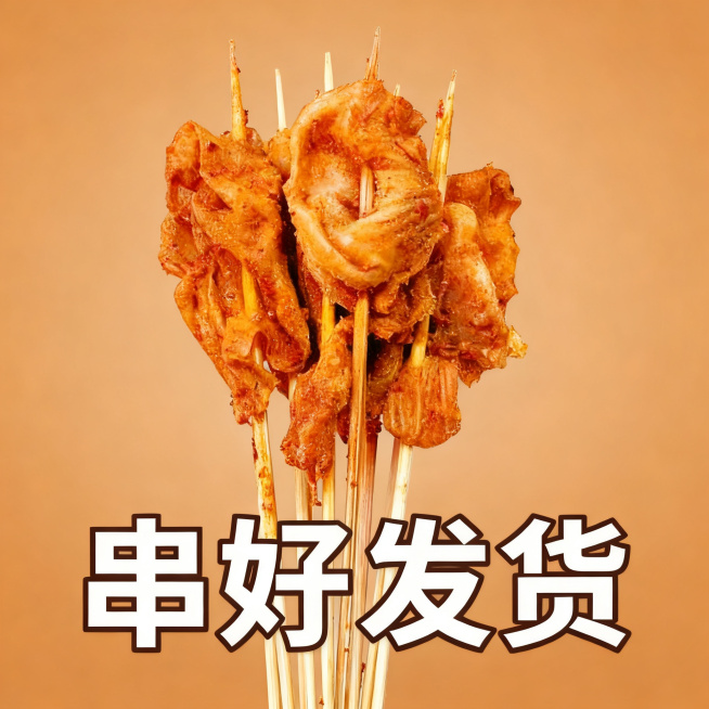 脆肚串美食，淡棕色高级食欲场景，添加文字卖点"串好发货"，适配淘宝天猫平台，1:1方形构图预览效果