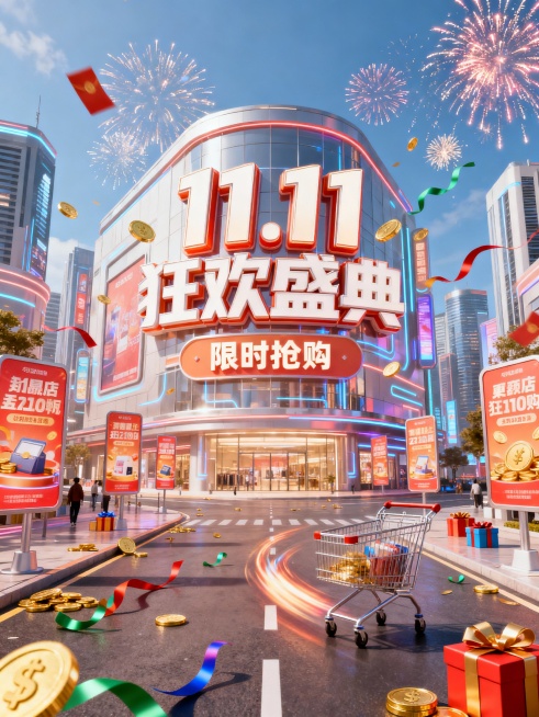 未来都市中央的商场，建筑表面有巨大的“11.11狂欢盛典”立体字，下方写着“限时抢购”，街道布满促销立牌，道路上有动态感的购物车，四周金币、彩带、礼盒散落，空中绽放着烟花，整体风格热烈喜庆预览效果